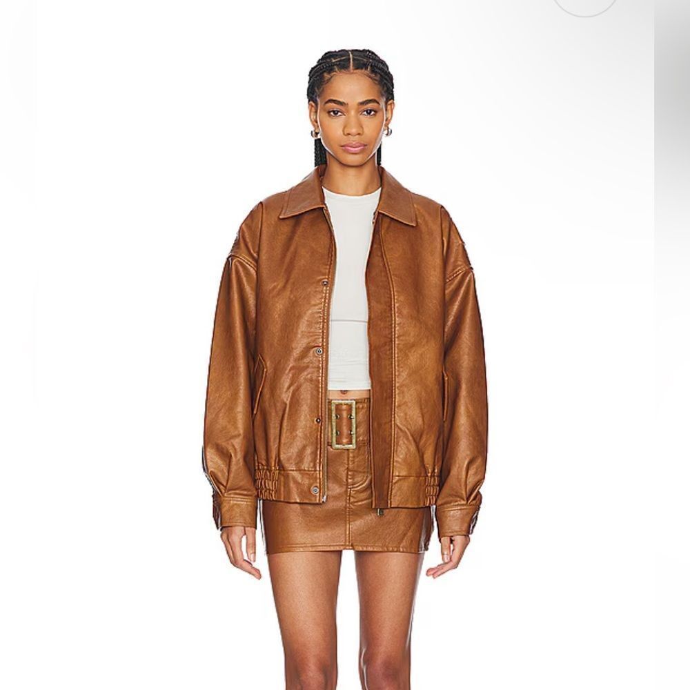 Lioness Kenny Bomber Tan brown jacket and skirt set vegan leather Revolve XS - Picture 3 of 12